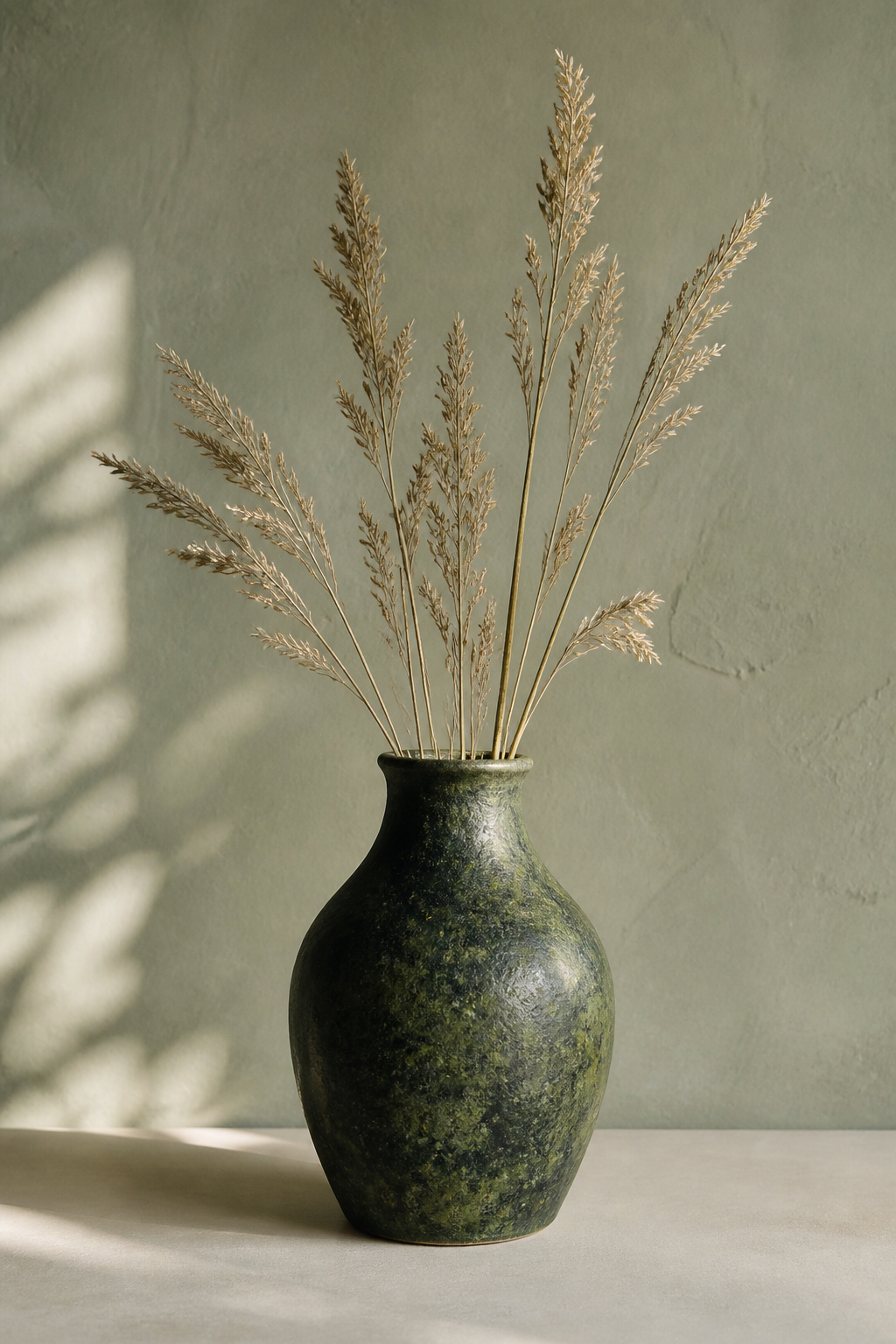 Mossy green ceramic vase with dried grass stems