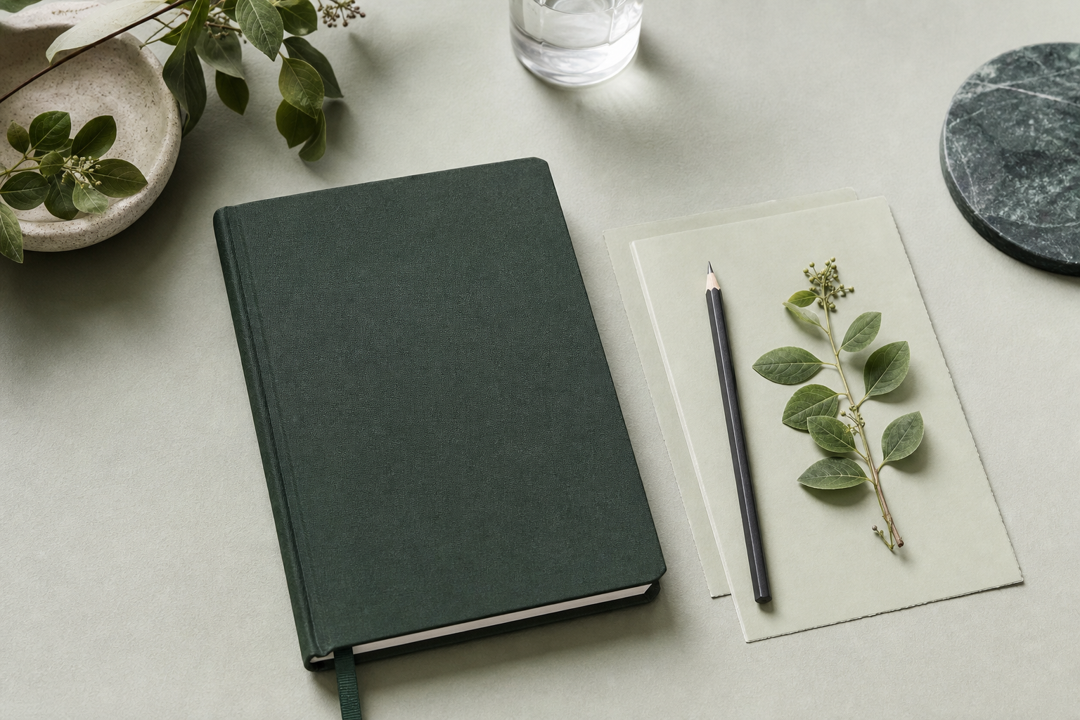 Forest-green notebook, sage paper and botanical clipping on a creative desk